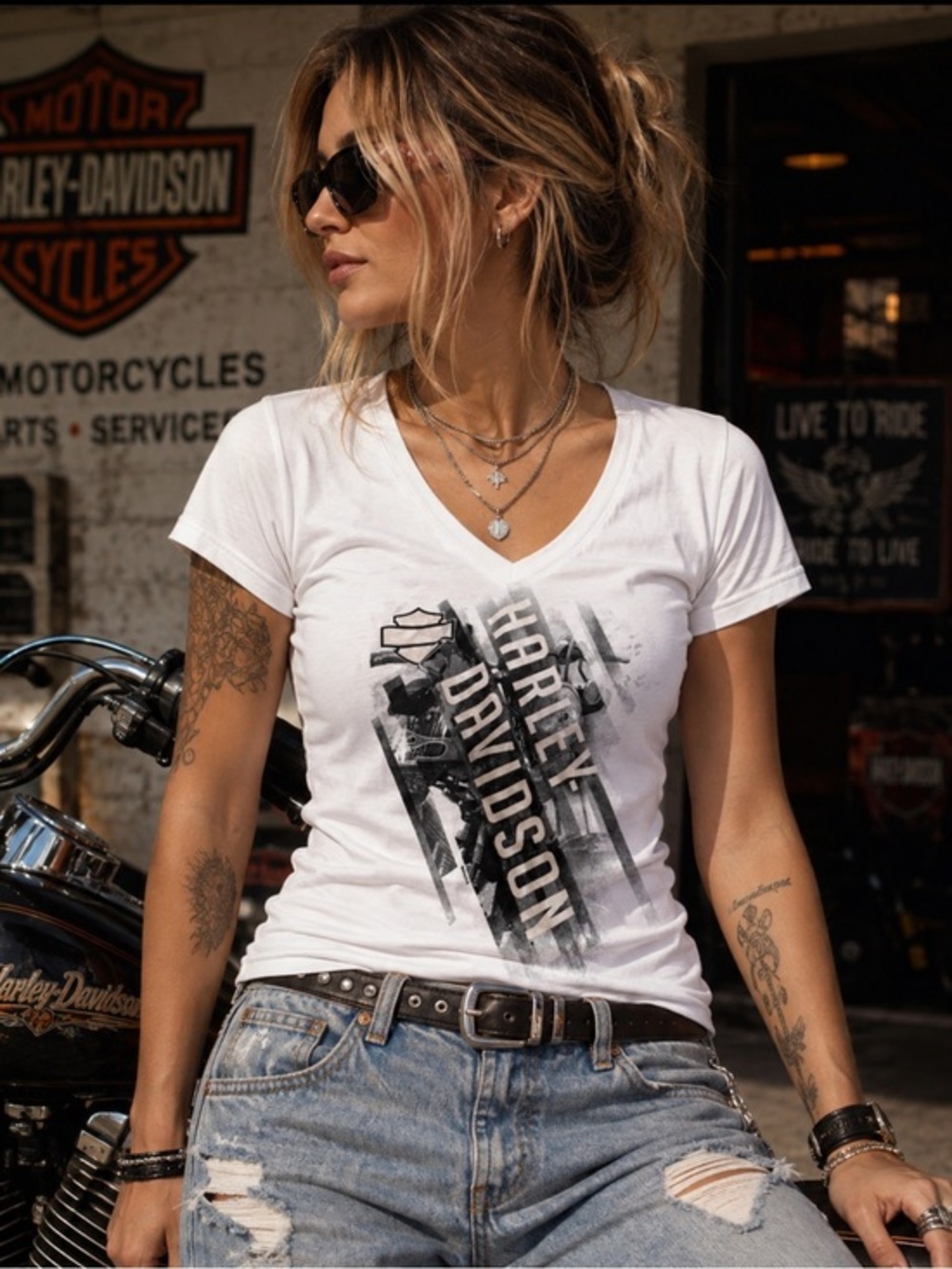 Harley-Davidson Women’s White V-Neck Graphic T-Shirt Size S Motorcycle Tee